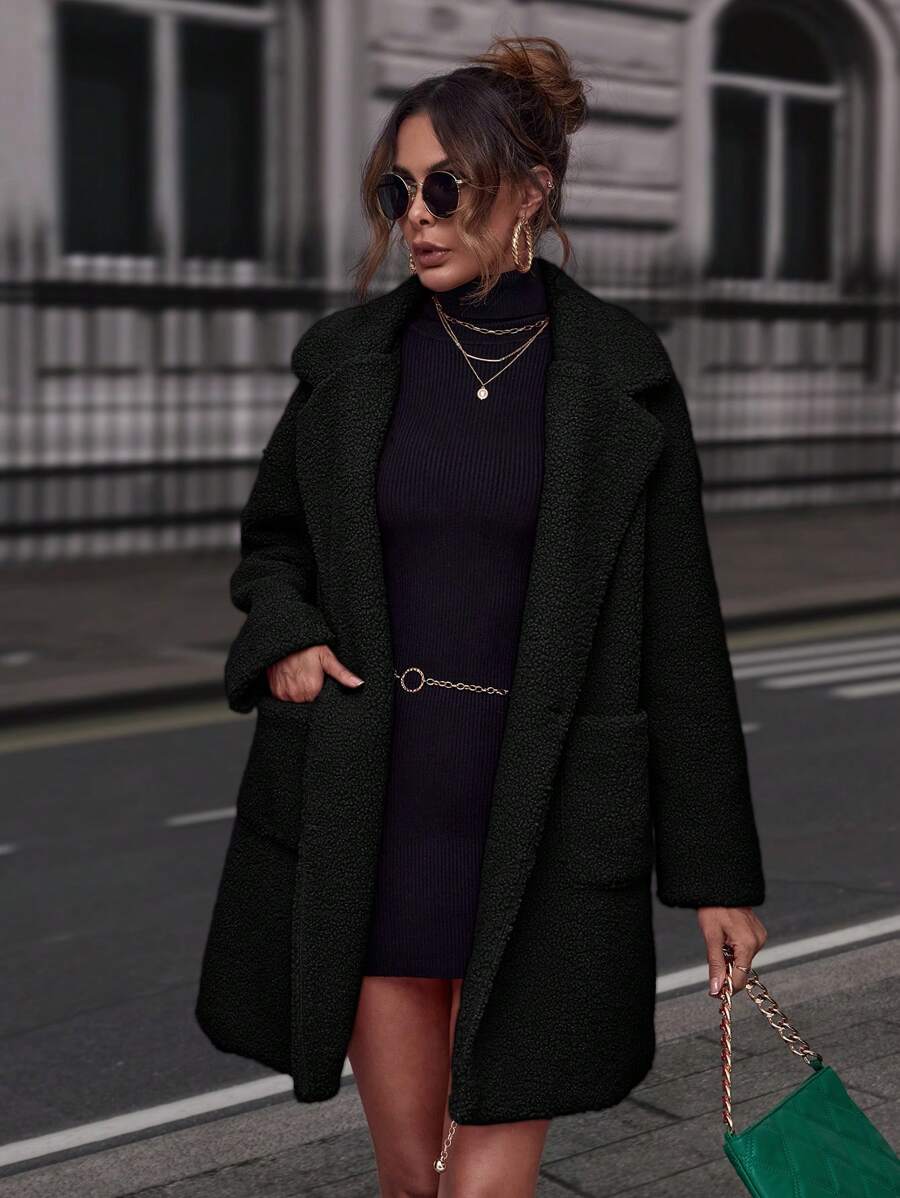 SHEIN LUNE Teddy Fleece Coat With Pointed Lapel Collar - Black - View 1