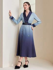 Modelyn 女裝漸變色披肩領鈕扣細節包裝裙 - 藍色 - 查看 3