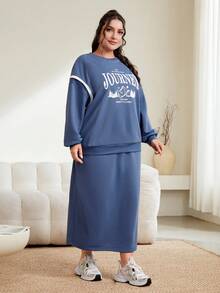 Mulvari Women's Plus Size Letter And Mountain Print Two Piece Set - Blue - View 3