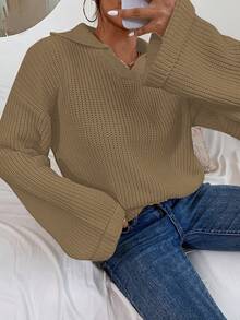 SHEIN Essnce Của phụ nữ Collared Thả vai Áo len - Lạc đà - Xem 5