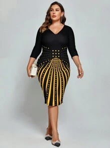 SHEIN Clasi 大尺碼女用條紋圓點修身連身裙 - 黃色 - 查看 1