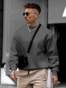 男士休闲纯色圆领卫衣，春秋季长袖上衣 - 深灰色 - 查看 4