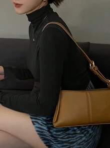 DAZY Women's Solid Colored High Neck Base T-Shirt Long Sleeve Women Tops - Black - View 3