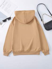 SHEIN EZwear 女字母印花袋鼠口袋抽繩連帽衫 - 卡其色 - 查看 2