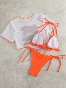 Swim Vcay Summer Beach Tropical Print 3-Piece Bikini Set - Orange - View 5