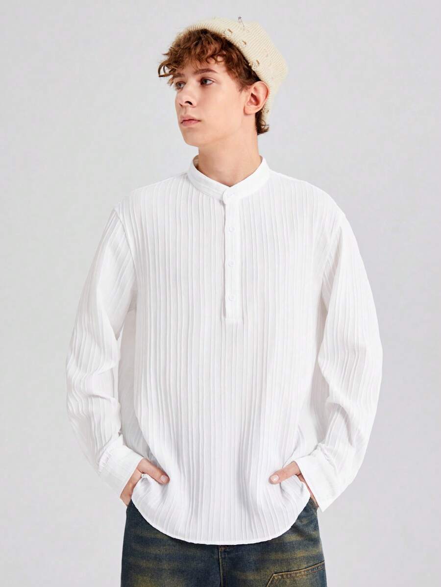 SHEIN 青少年男孩休閒寬鬆基礎款立領長袖襯衫 - 白色 - 查看 1