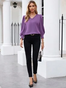 EMERY ROSE Women's Solid Color V-Neck Puff Sleeve Elegant Fashion Casual Blouse