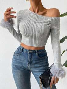 Chiquease 女士不對稱領設計毛絨袖修身t恤 - 灰色 - 查看 5