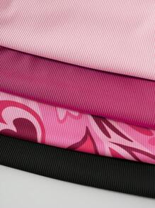 SHEIN Unity 4 件套心形印花抽绳侧背心图案 T 恤女式上衣 - 彩色 - 查看 6