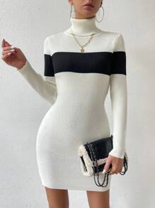 SHEIN Unity 女士彩色拼接高領毛衣連衣裙 - 白色 - 查看 1