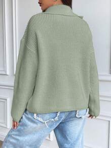 SHEIN Unity Của phụ nữ Lỏng lẻo phù hợp Giải trí Dây kéo Một nửa Mở Thả vai Áo len - màu xanh lá - Xem 2