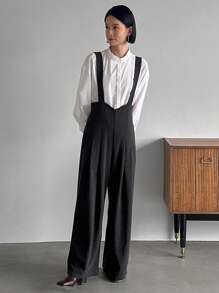 FRIFUL Women's Solid Color Wide Leg Overall Pants - Black - View 3