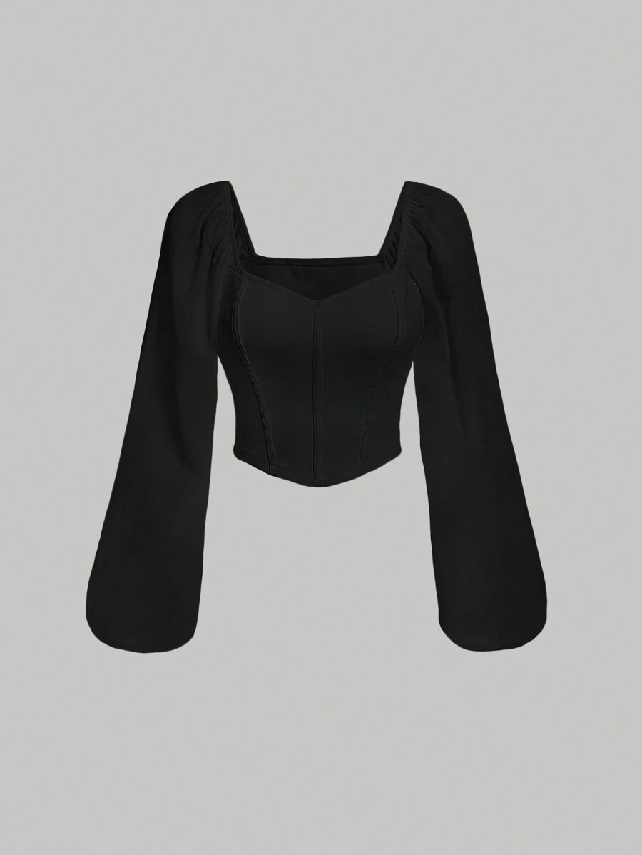 SHEIN MOD Women's Peachskin Fabric Slim Fit Lantern Sleeve Shirt - Black - View 1