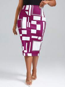 SHEIN Clasi Women'S Plus Size Geometric Pattern Skirt - Red Violet - View 1
