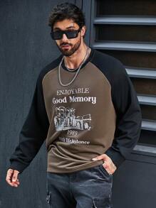 Manfinity Homme Men Plus Size Contrast Letter Print Raglan Sleeve Sweatshirt - Multicolor - View 1