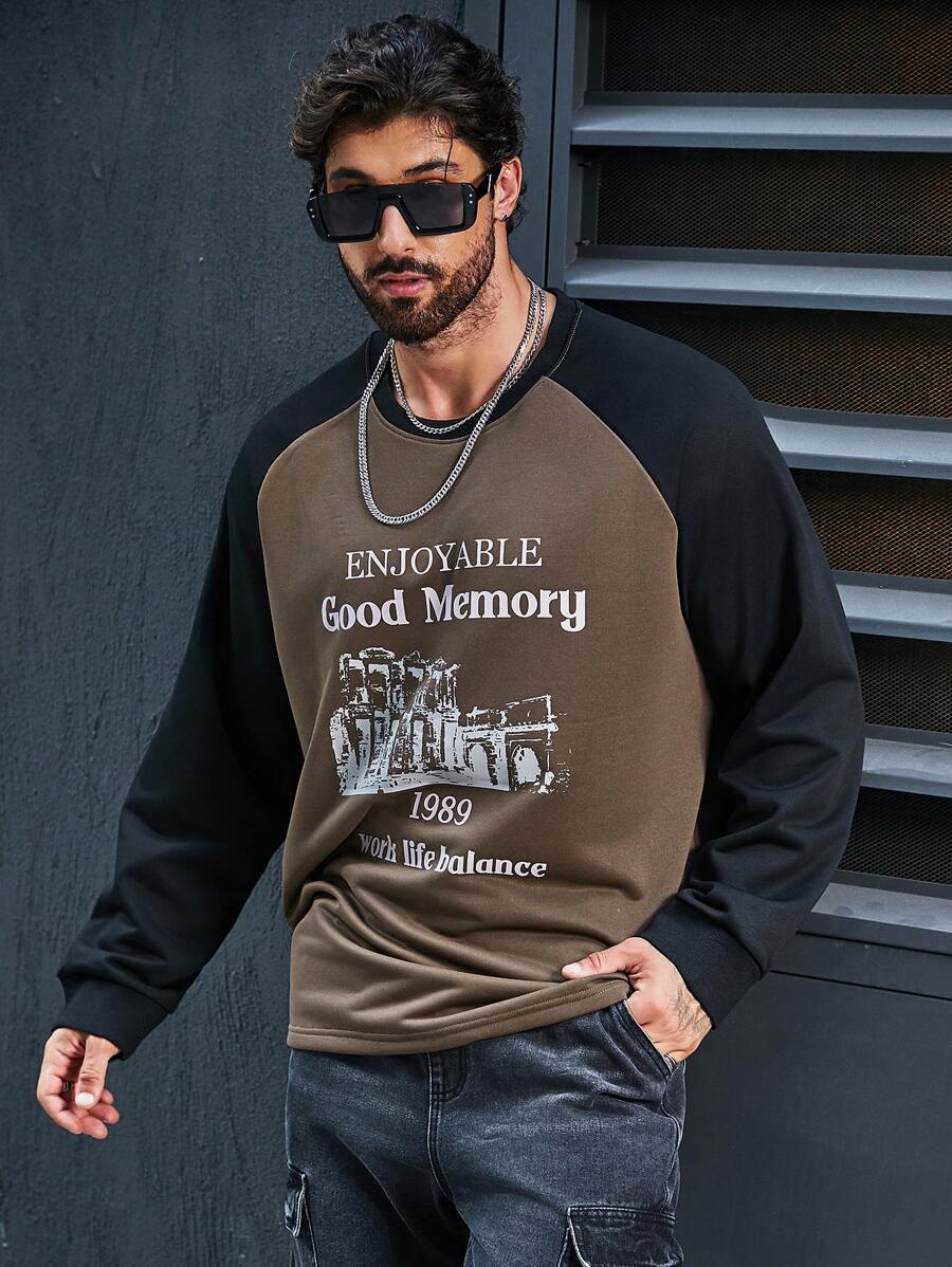 Manfinity Homme Men Plus Size Contrast Letter Print Raglan Sleeve Sweatshirt - Multicolor - View 1