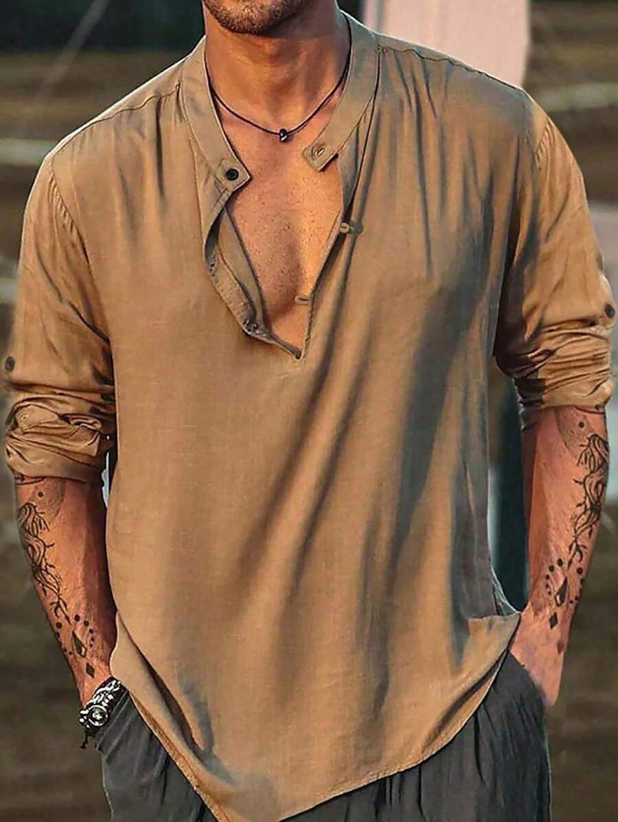 男士休閒紐扣半扣領長袖襯衫 - 卡其色 - 查看 1