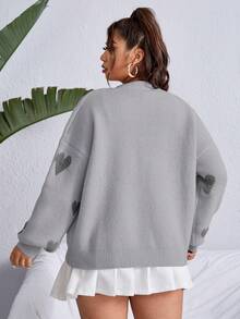SHEIN Qutie Plus Size Women'S Casual Heart Pattern Drop Shoulder Cardigan - Grey - View 2