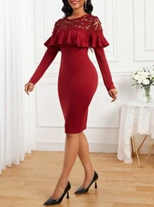 SHEIN Lady Women's Lace Patchwork Ruffle Hem Dress - Burgundy - View 6