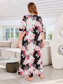 Vestido de pijama con manga tipo murciélago con estampado floral, vestido largo para mujeres de talla grande