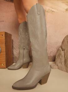 SHUZIA Fashionable Western Style Women Mid-Calf Boots With Pointed Toe, Chunky Heel And Designed Patterns, Suitable For Daily Wear