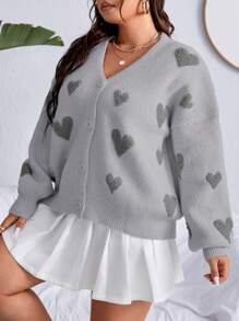 SHEIN Qutie Plus Size Women'S Casual Heart Pattern Drop Shoulder Cardigan - Grey - View 1