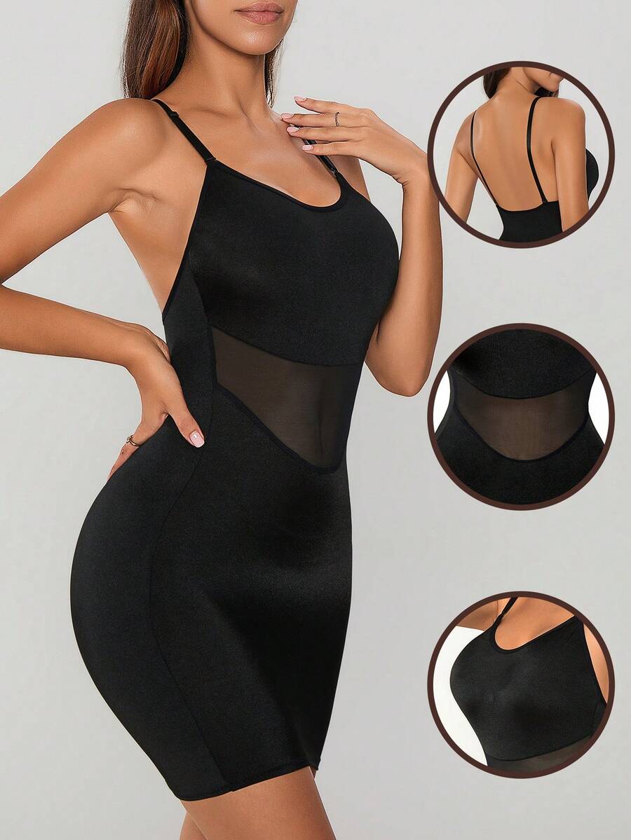 Vestido ajustado de mujer con tirantes de espagueti y malla de contraste - Negro - Ver 1