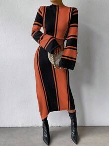 SHEIN Privé Women's Stand Collar  Flared Sleeve Striped Sweater Dress - Multicolor - View 4