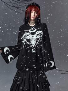 ROMWE Goth 山羊和月亮圖案圓領波浪袖毛衣 - 黑色 - 查看 1