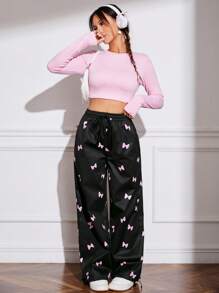 SHEIN EZwear Women's Bow Print Drawstring Trousers