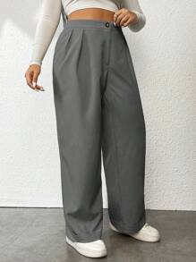 Flirla 女款大尺寸折疊打褶純色寬鬆直筒褲休閒裝 - 灰色 - 查看 4