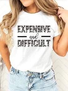 SHEIN LUNE 女士字母及豹紋印花短袖t恤 - 白色 - 查看 1