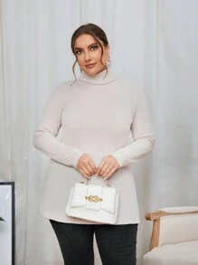 SHEIN Essnce 大碼高領條紋針織T恤 - 杏色 - 查看 5