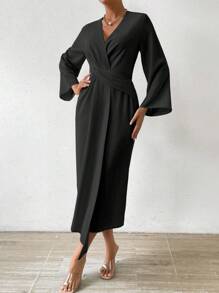 Chiquease Women's Solid Color V Neck Twist Waist Dress - Black - View 6