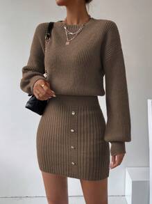 SHEIN LUNE Women's Solid Color Knitted Shirt Collar Dress With Button Detail & Cinching Waist