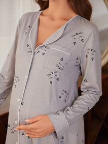 Moonlight&Mama 孕妇卡通图案睡衣连衣裙，适合母亲节、秋季和冬季穿着。 - 淺灰色 - 查看 5