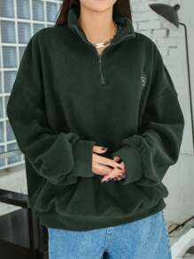 DAZY Letter Embroidered Zippered Drop Shoulder Sweatshirt,Long Sleeve Tops,Fall Women Clothes