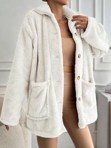 EURMUSE Oversized Overcoat With Dropped Shoulder And Patch Pockets - Beige - View 3