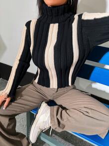Flirla Áo len cổ cao phối màu, kiểu dáng thu đông. - Đen và trắng - Xem 3