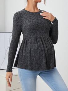 SHEIN Maternidad Camiseta unicolor peplum tejido de canalé - Gris Oscuro - Ver 5