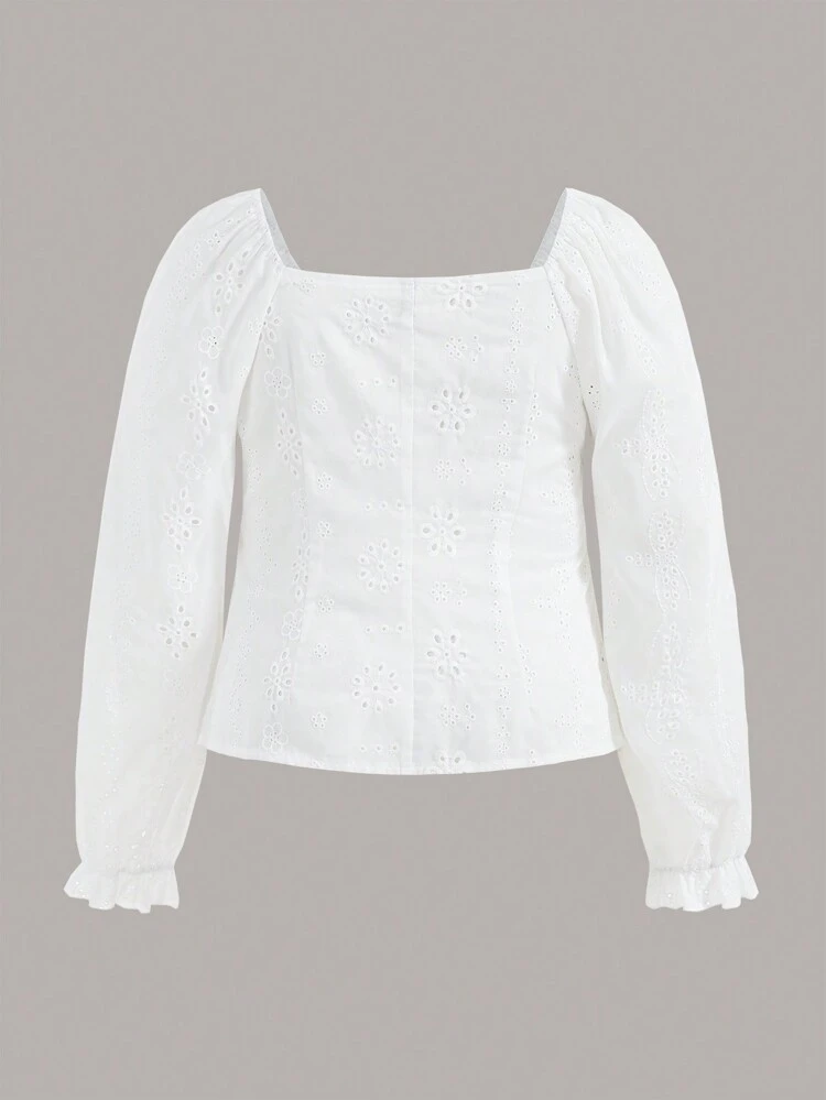 Plus Size Hollow Embroidered Lace-Up Shirt