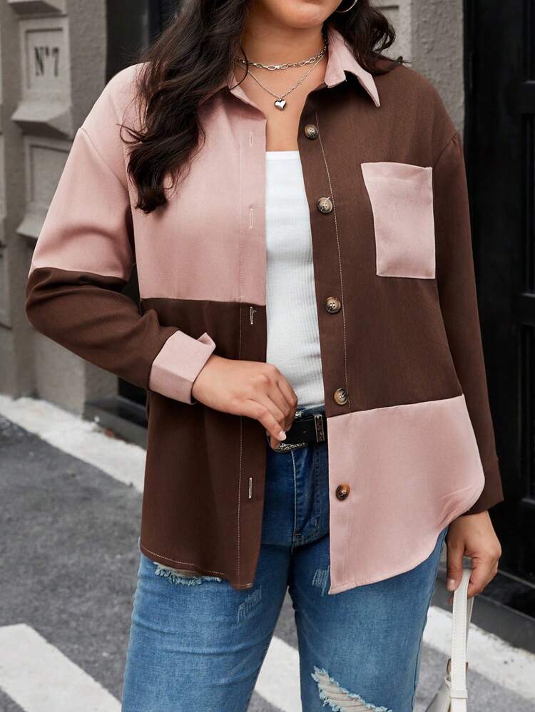 Plus Size Color Block Drop Shoulder Jacket