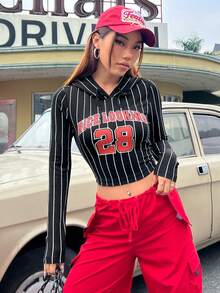 SHEIN EZwear Women's Slim Fit Striped Letter Print Hooded T-shirt - Multicolor - View 7