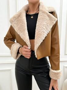 SHEIN Allurite Vòng cổ Da giả Áo khoác - màu nâu - Xem 1