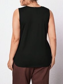 SHEIN Essnce 大尺碼女士口號印花分裂式下擺背心上衣 - 黑色 - 查看 2