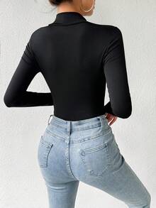 SHEIN EZwear Cut-out Stand Collar Letter Pattern Bodysuit - Black - View 2