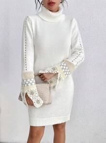 SHEIN Essnce 拼接圓領毛衣連衣裙,帶有開叉袖子 - 白色 - 查看 4