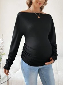 SHEIN Camiseta De Maternidad Con Hombro Oblicuo Y Fruncido - Negro - Ver 1