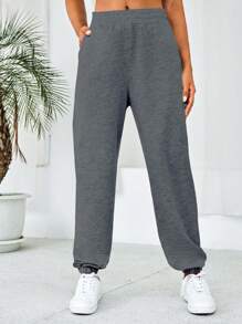 Cottnline Solid Slant Pocket Sweatpants - Dark Grey - View 1