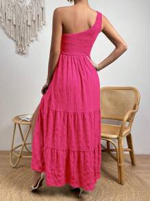 SHEIN VCAY Solid Color Asymmetrical Neck Ruffle Hem High Slit Dress - Hot Pink - View 2